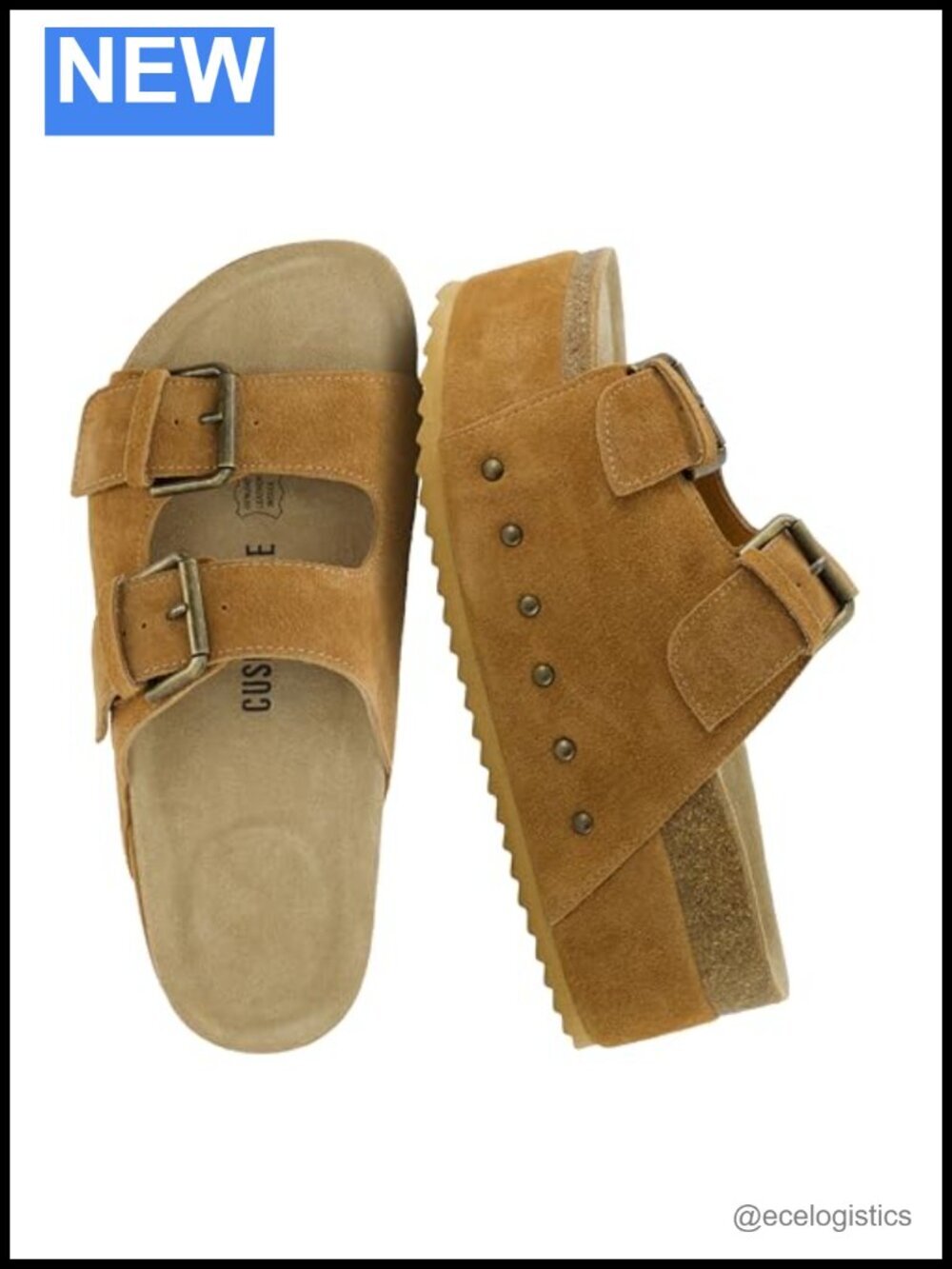 Genuine Leather Platform Slide Sandals with Studded Details and Cork Footbed